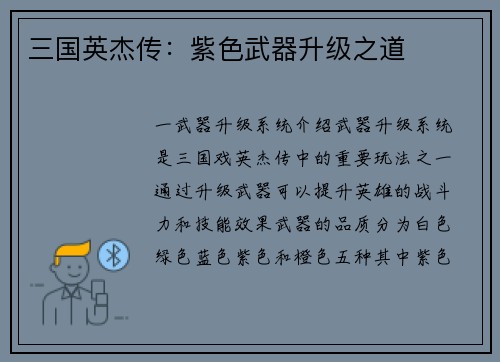 三国英杰传：紫色武器升级之道